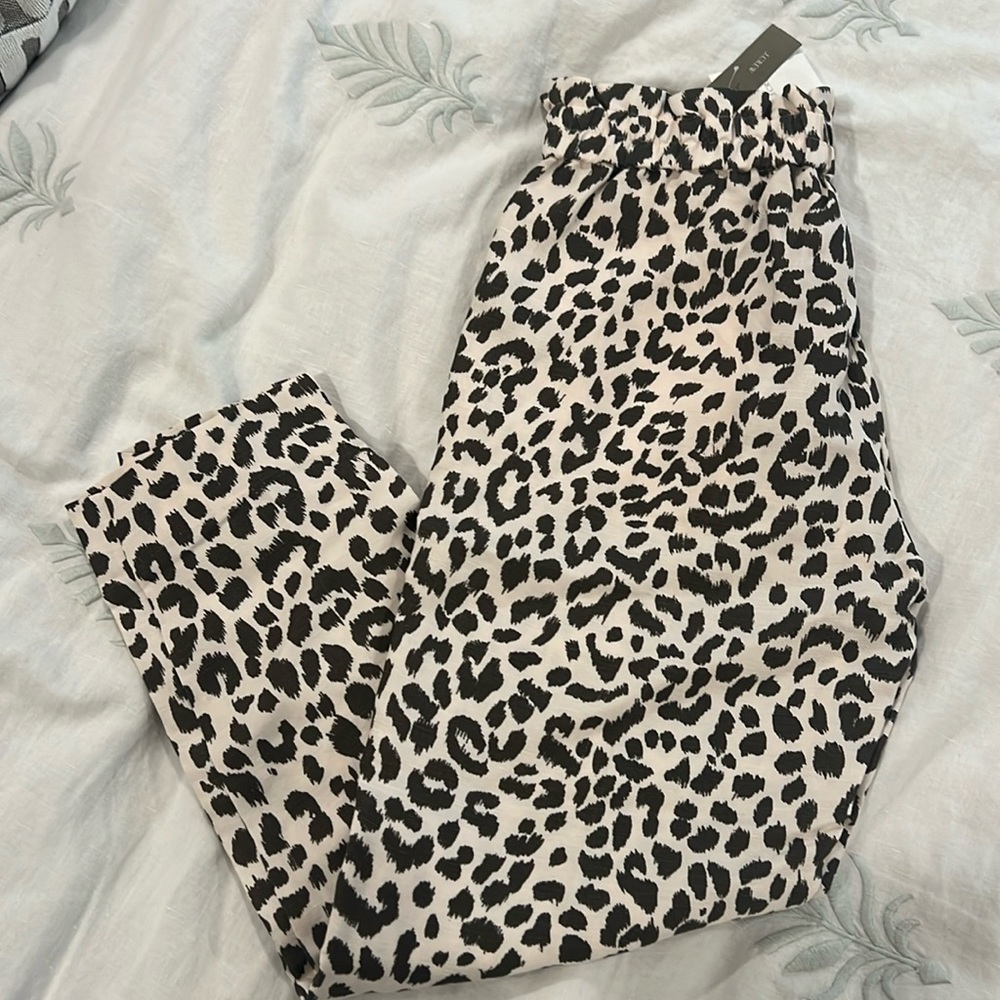 NWT J.Crew Ruffle Waist Leopard Print Linen Crop Pants Size 4